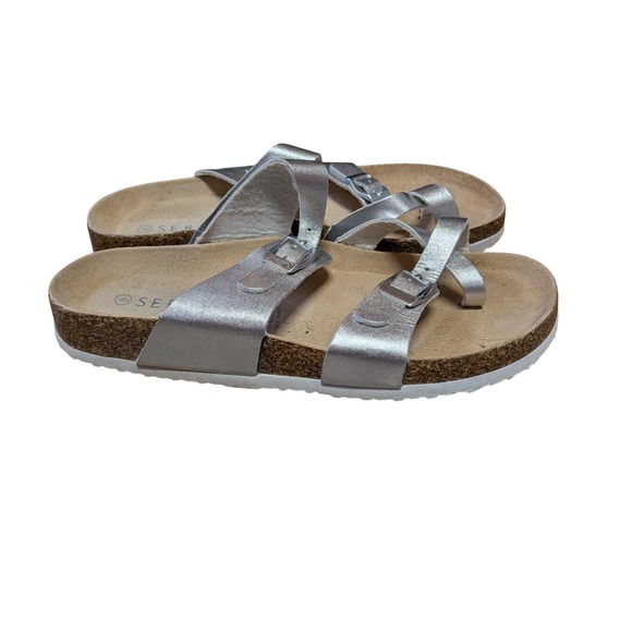 Serra Shoes - Serra Womens Silver Metallic Toe Loop Buckle Cork Footbed Sandals Size 8